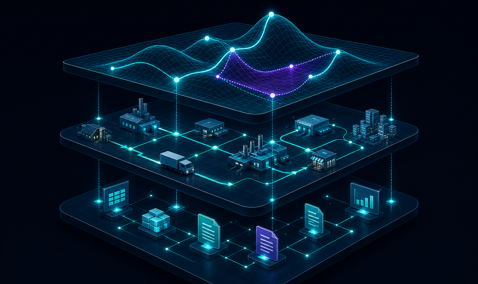 Three connected layers: knowledge and data, the physical supply network, and decision and optimization