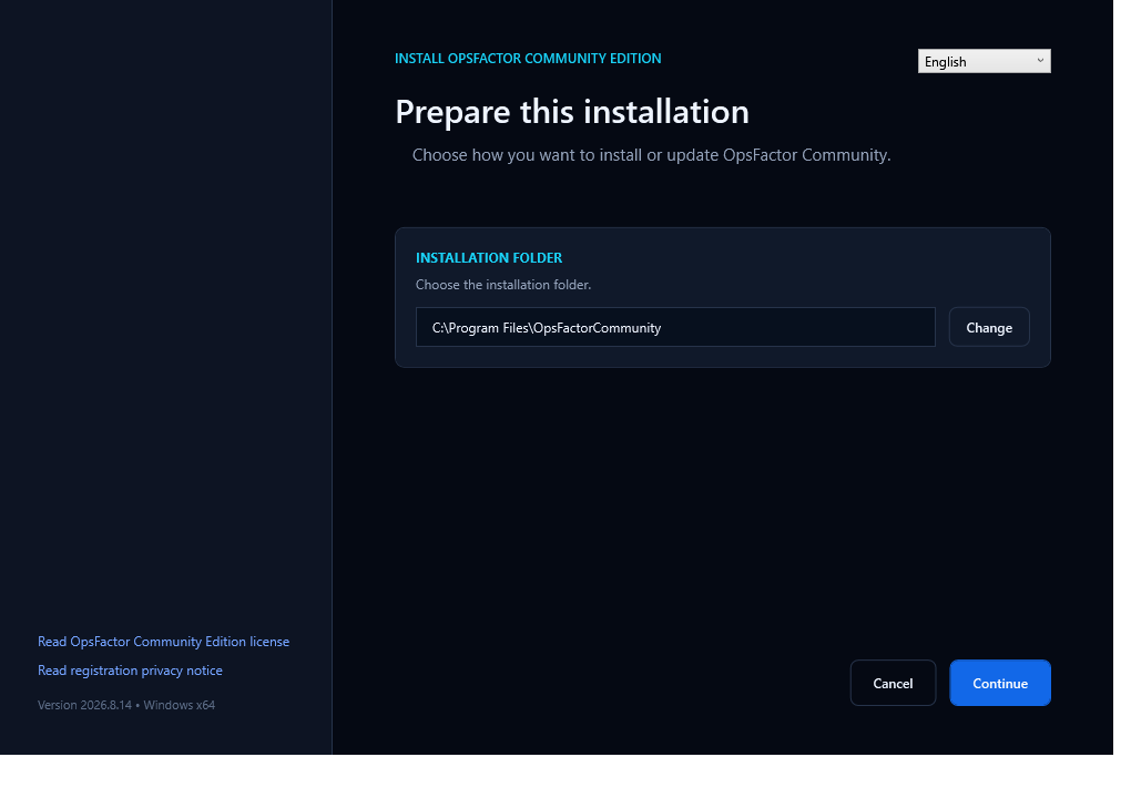 Installer start screen with language and installation folder