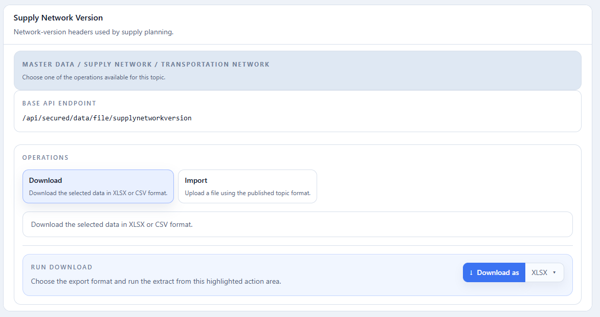 Download and Import for the selected topic