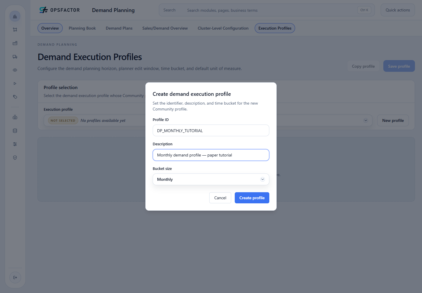 Monthly Demand Planning profile creation modal