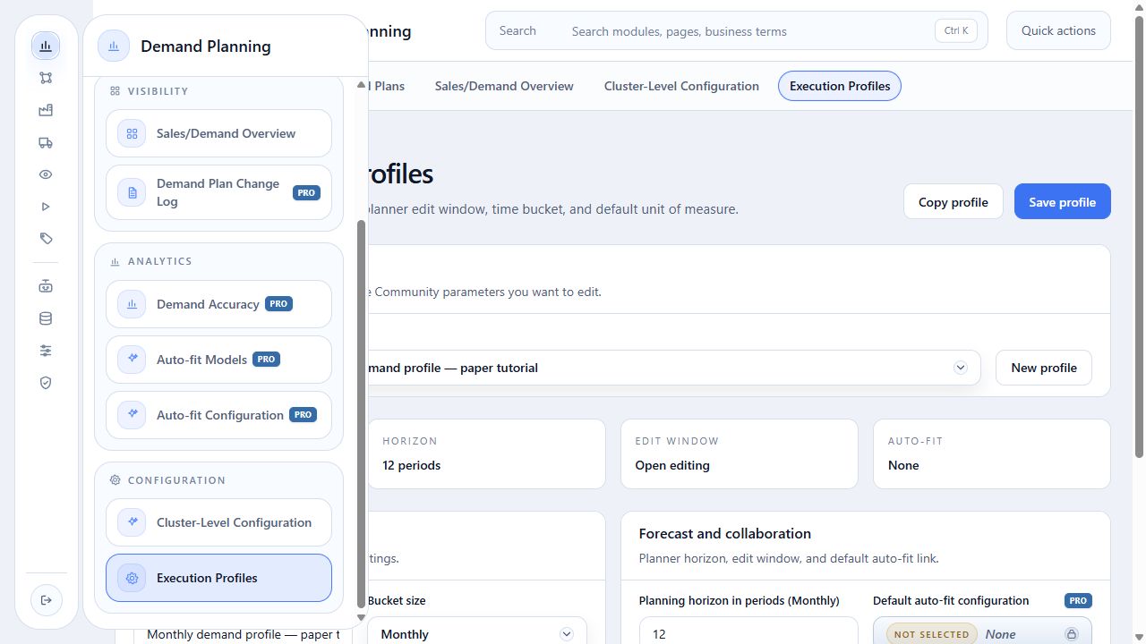 Demand Planning menu with Execution Profiles highlighted
