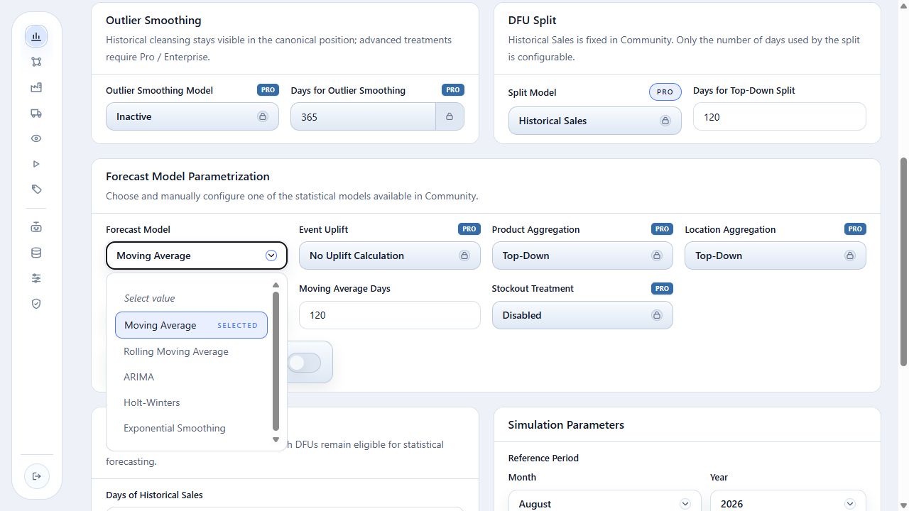 Actual statistical-model options available in Community Edition