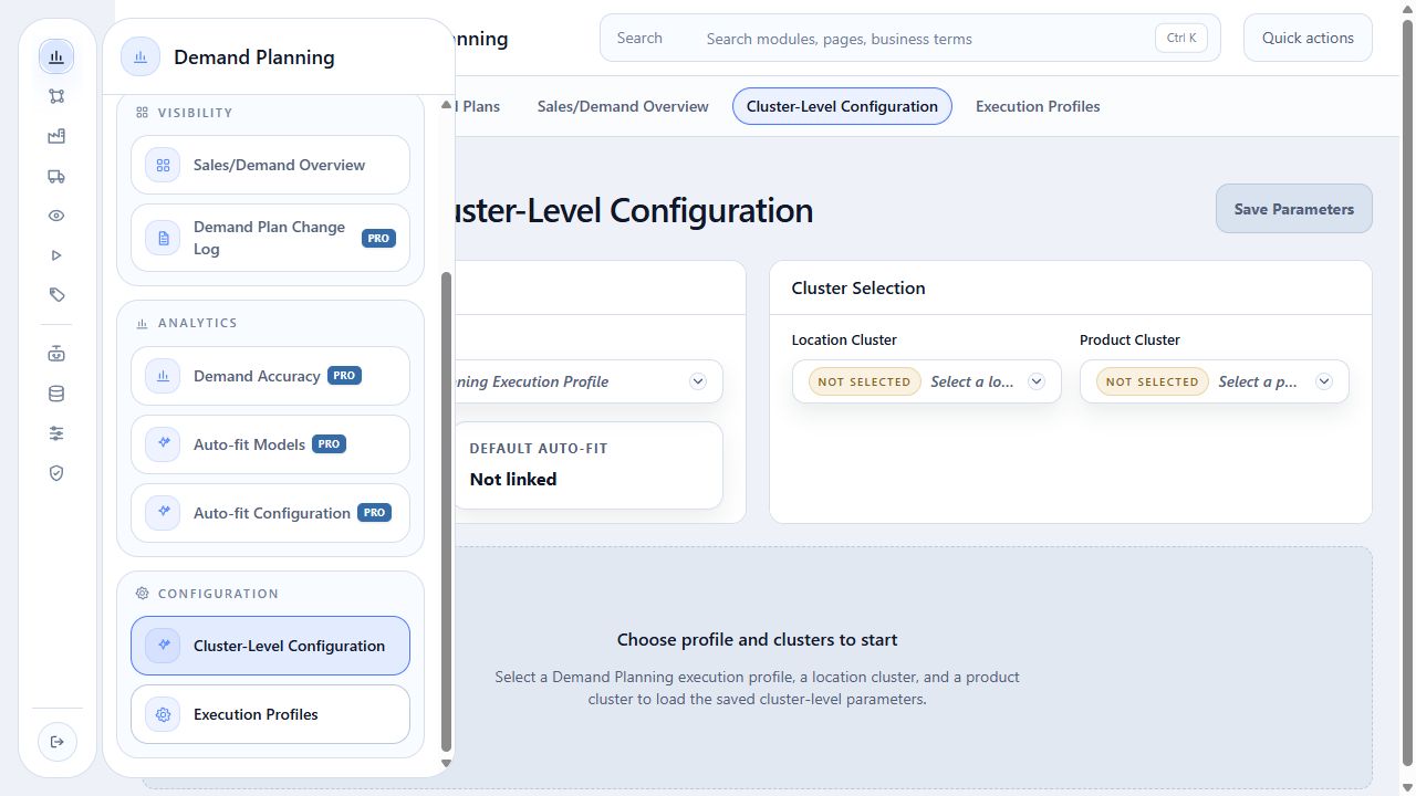 Demand Planning menu with Cluster-Level Configuration highlighted