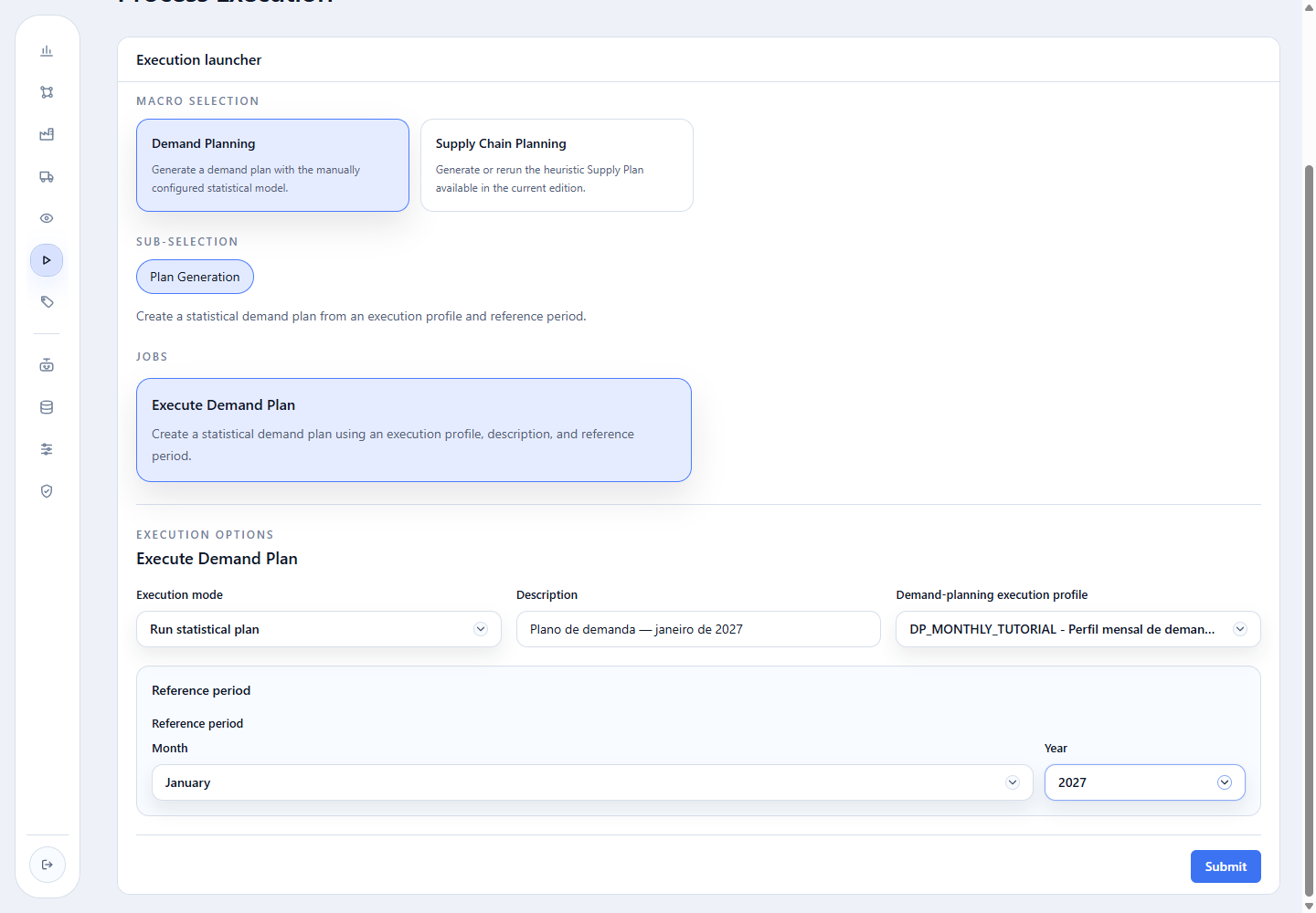 Execution page with description, profile, January 2027, and Submit highlighted