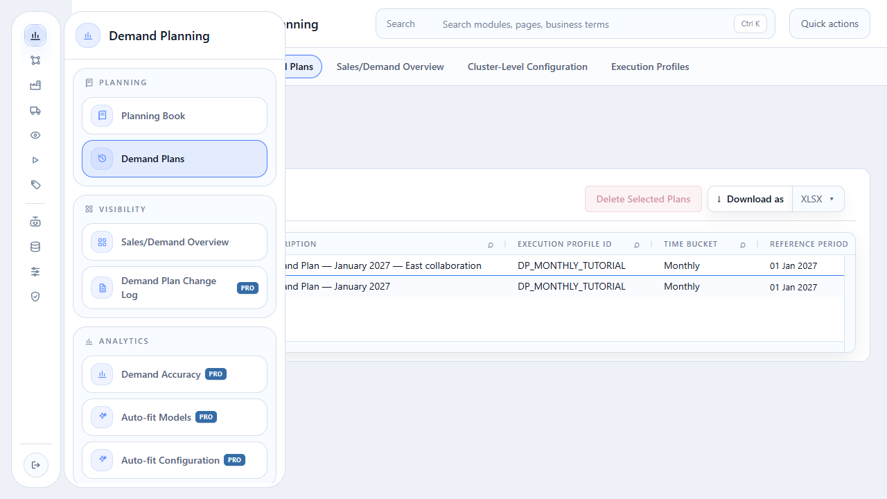 Demand Planning menu with Demand Plans