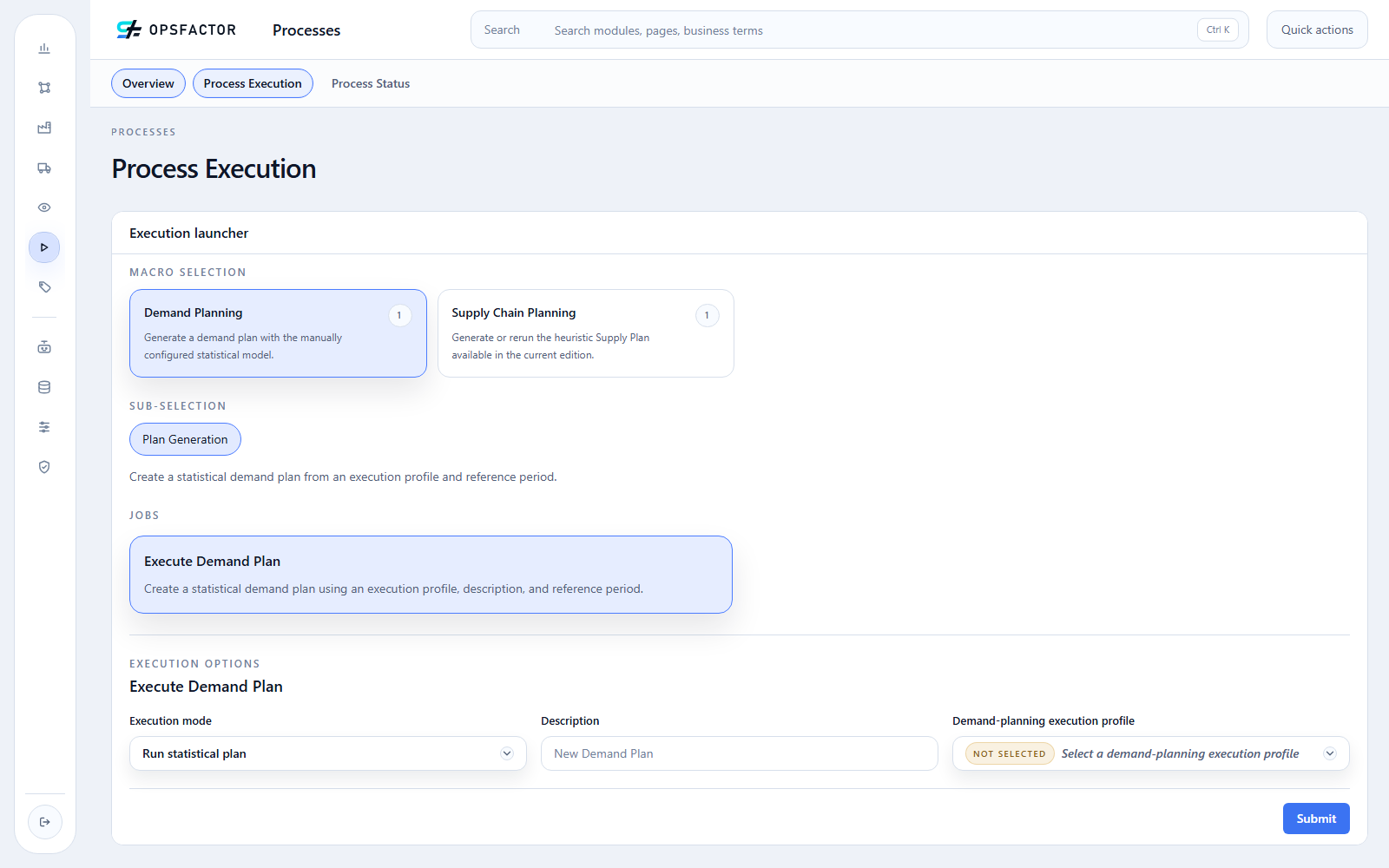 Full page with Demand Planning, Plan Generation, and Execute Demand Plan selected