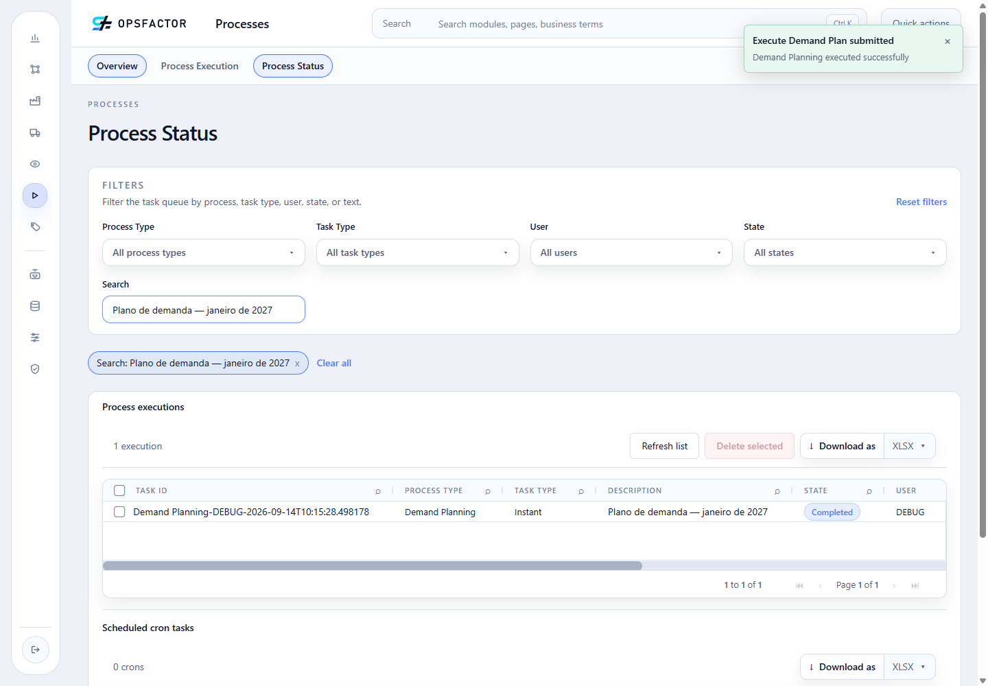 Process Status listing completed Demand Plan executions