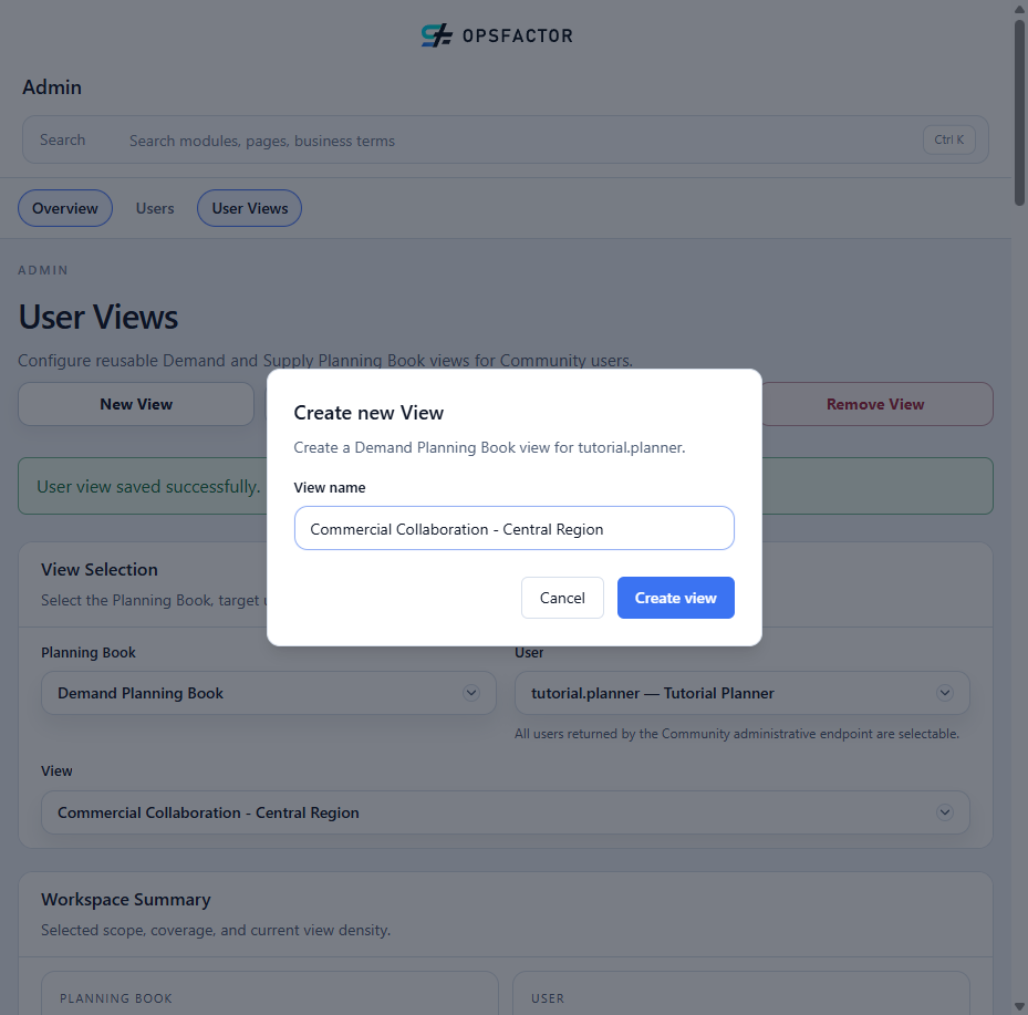 New User View dialog for the functional user