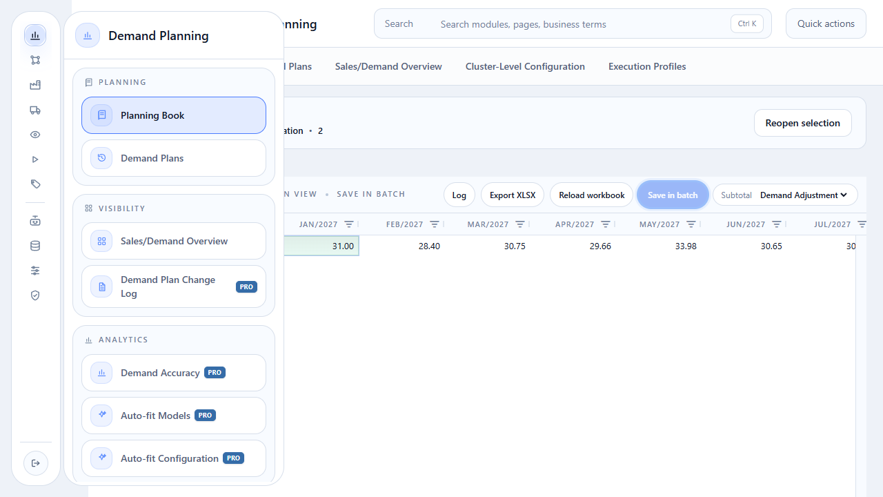 Demand Planning menu with Planning Book