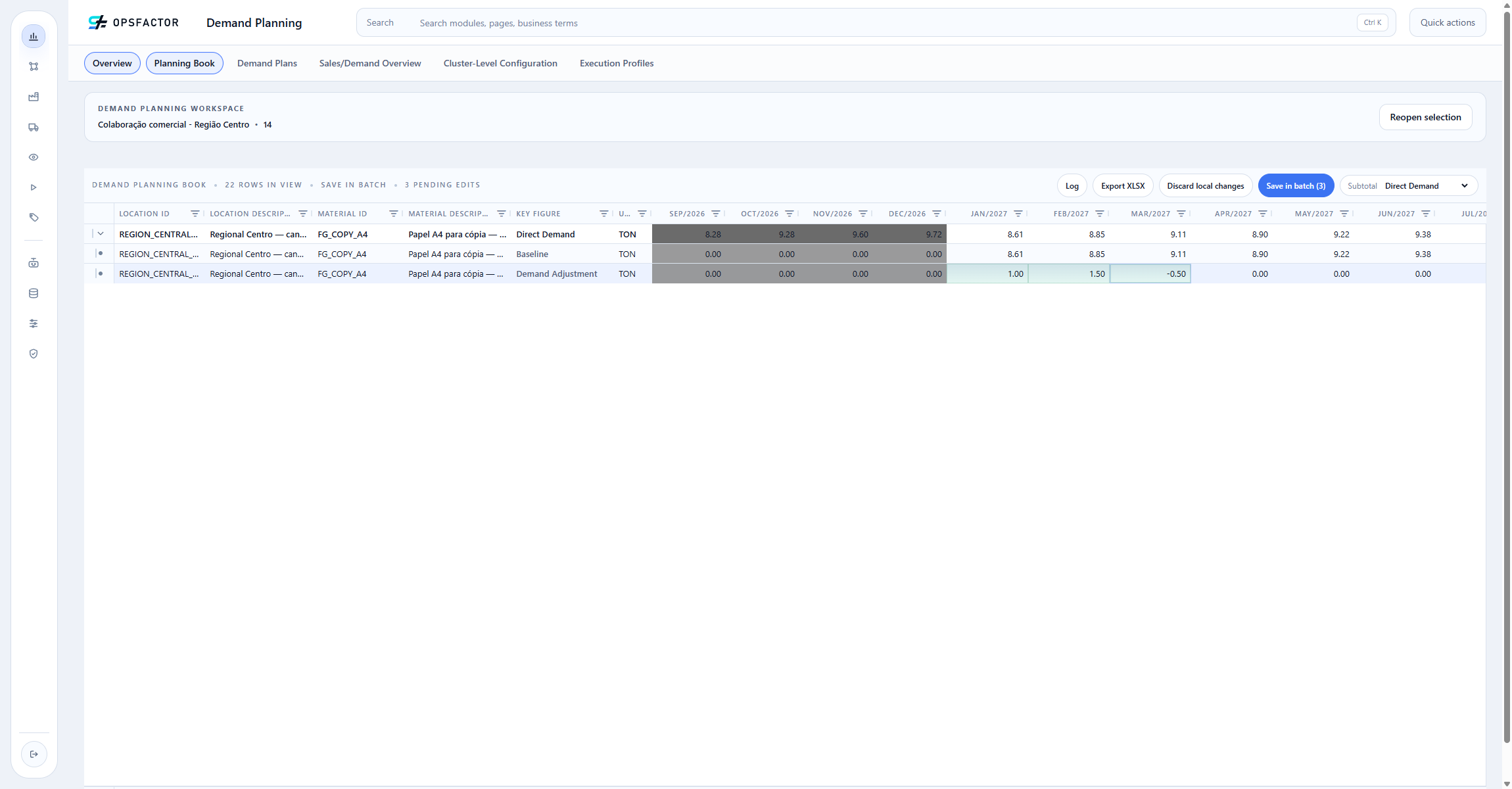 Three pending adjustments in Demand Adjustment and the Save in batch (3) button