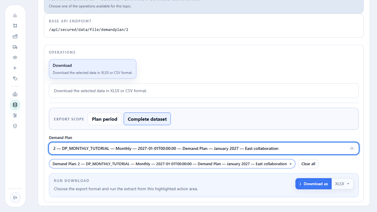 Complete dataset, Demand Plan, and XLSX download highlighted
