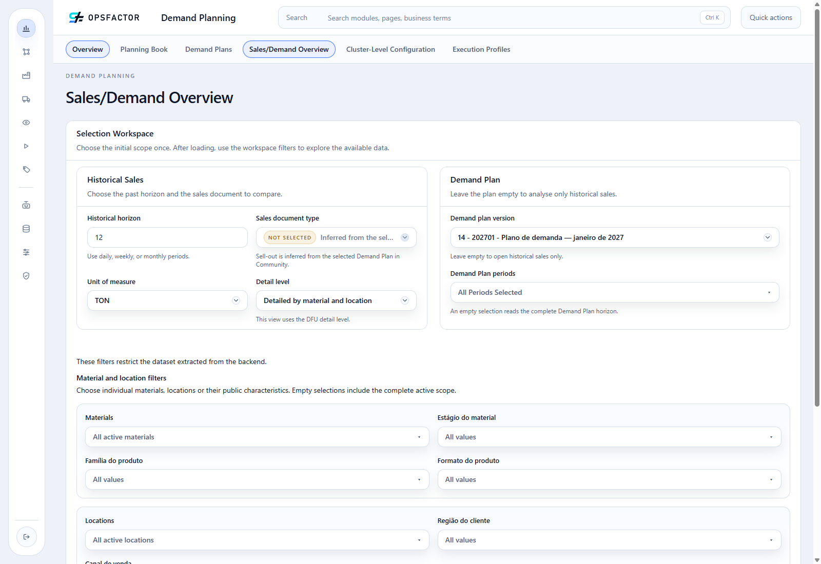 Demand Plan, unit, periods, detail level, and Open overview highlighted