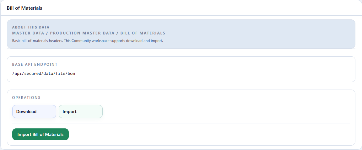 Title, operation, and import button for Bill of Materials