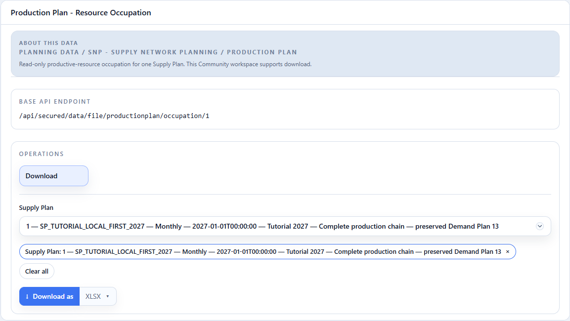 Production Plan - Resource Occupation: Supply Plan selection and XLSX download