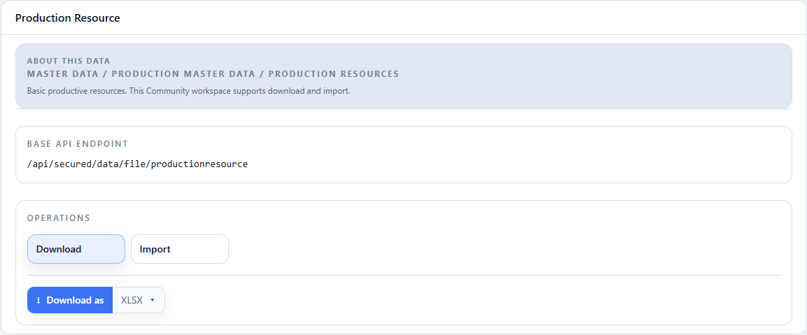 Download operation and Download as XLSX action for Production Resources