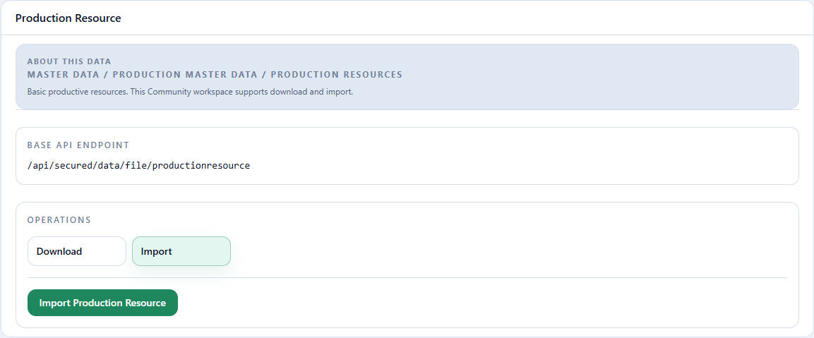 Import operation and Import Production Resource action