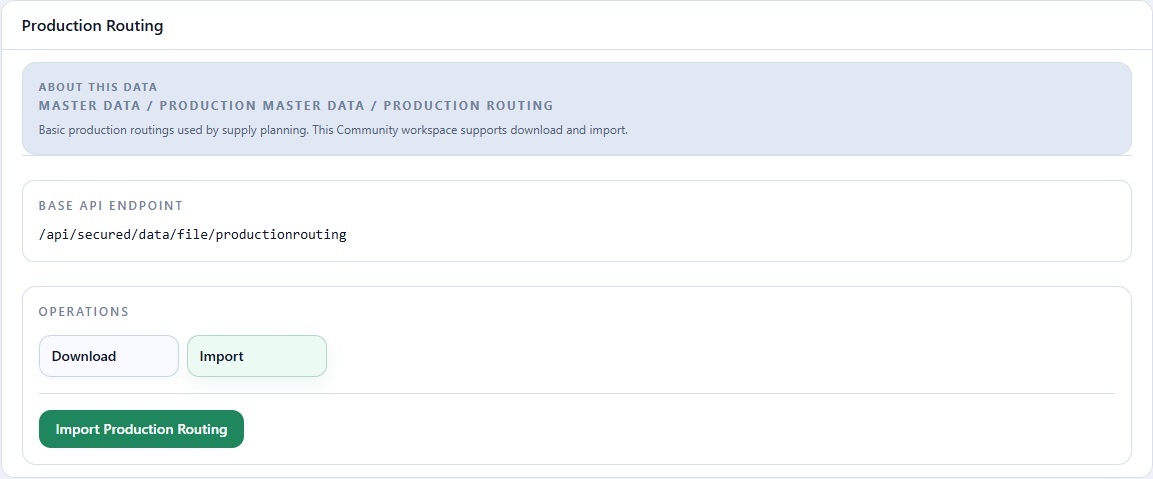 Title, operation, and import button for Production Routing