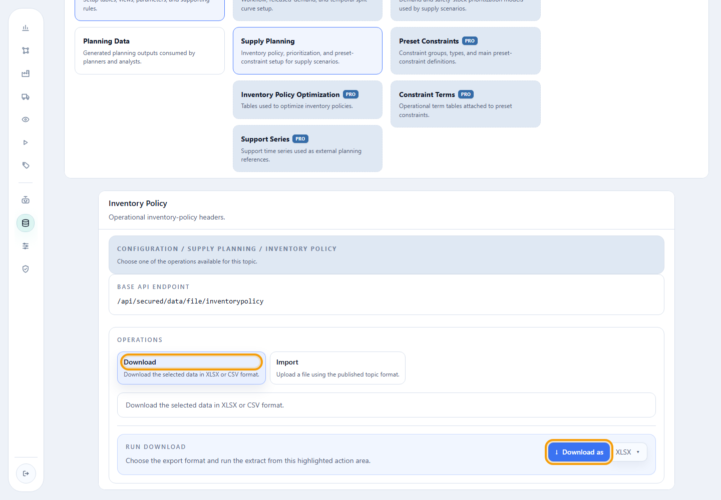 Download operation and Download as XLSX action for Inventory Policy