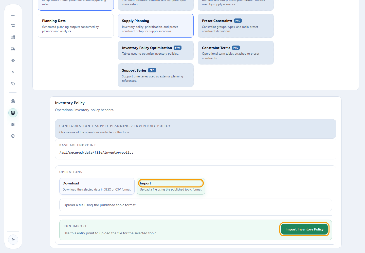 Import operation and Import Inventory Policy action