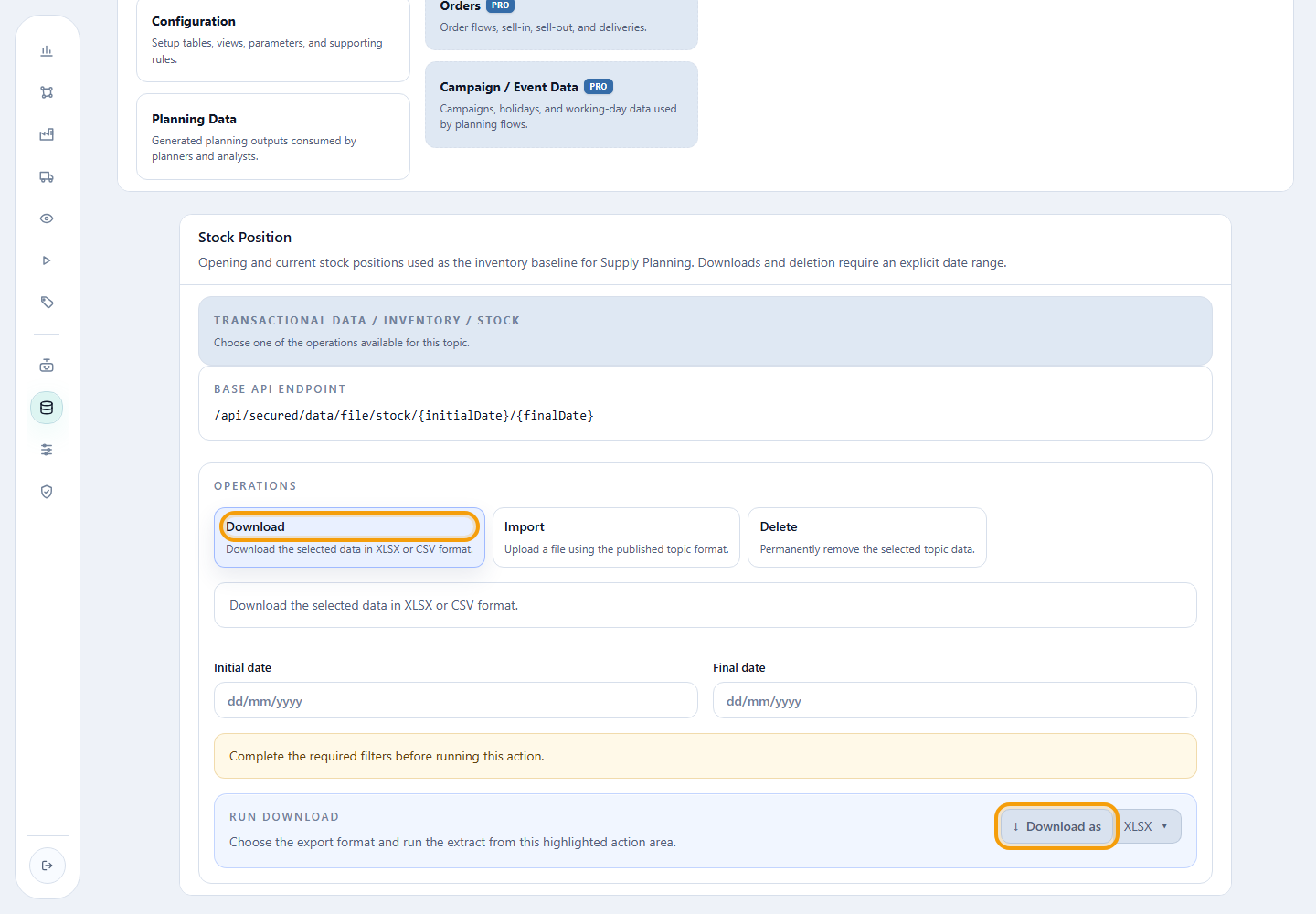 Download operation and Download as XLSX action for Stock