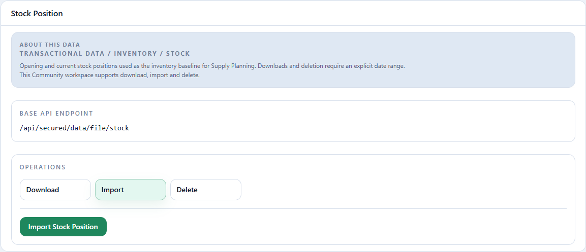 Import operation and Import Stock Position action