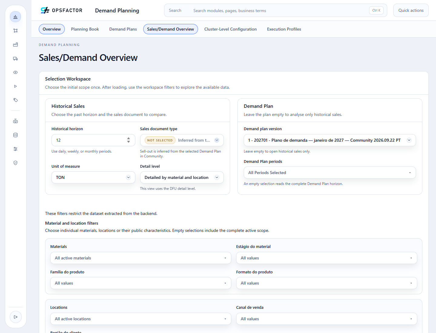 Demand Plan, unit, historical horizon, and detail level highlighted