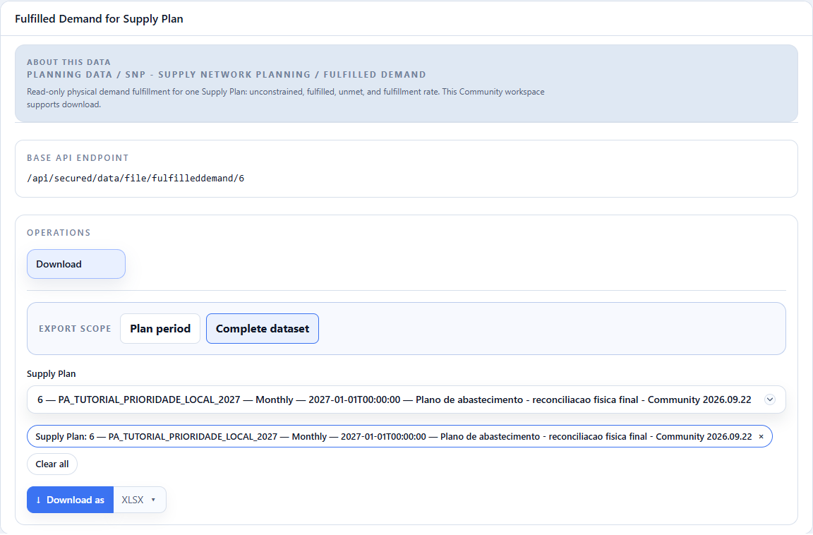 Fulfilled demand: topic, Complete dataset, Supply Plan 6 and XLSX format.