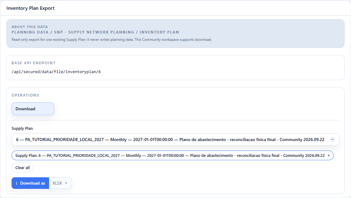 Projected inventory: topic, Supply Plan 6 and XLSX format.