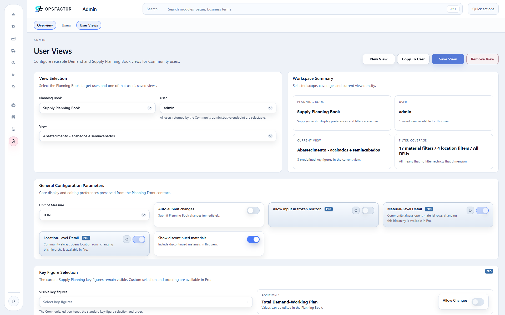 Configured view: 17 materials, four locations and eight measures in TON.