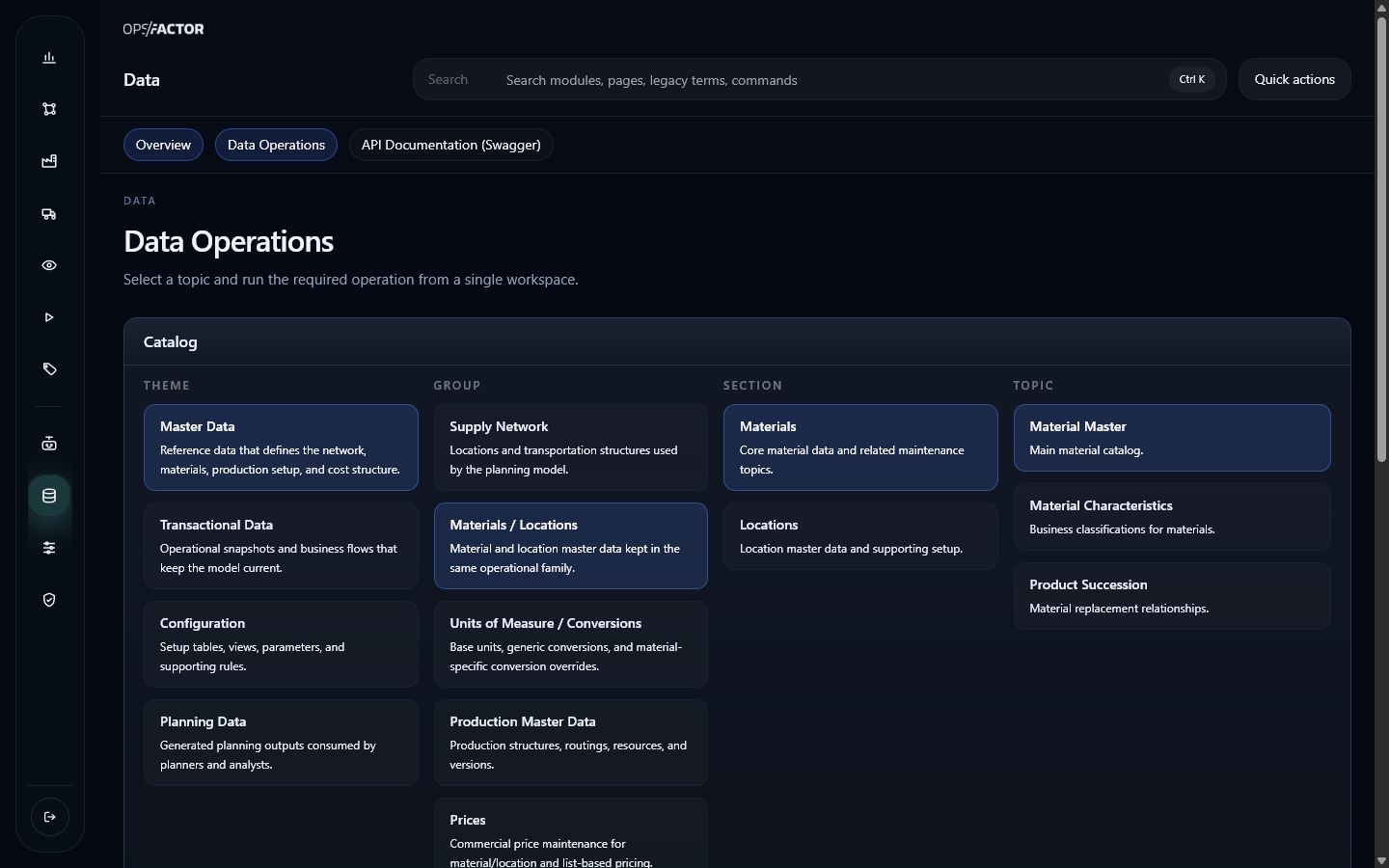 Dark-theme Data Operations catalog with Master Data selected and navigation to Material Master
