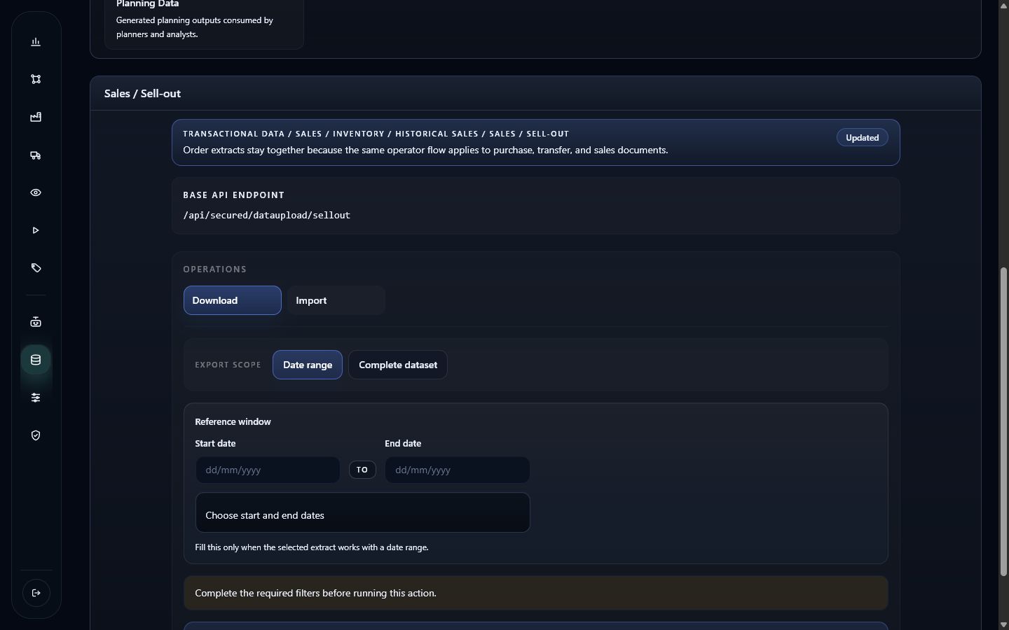 Dark-theme Sell-out download operation showing endpoint, export scope, and reference window