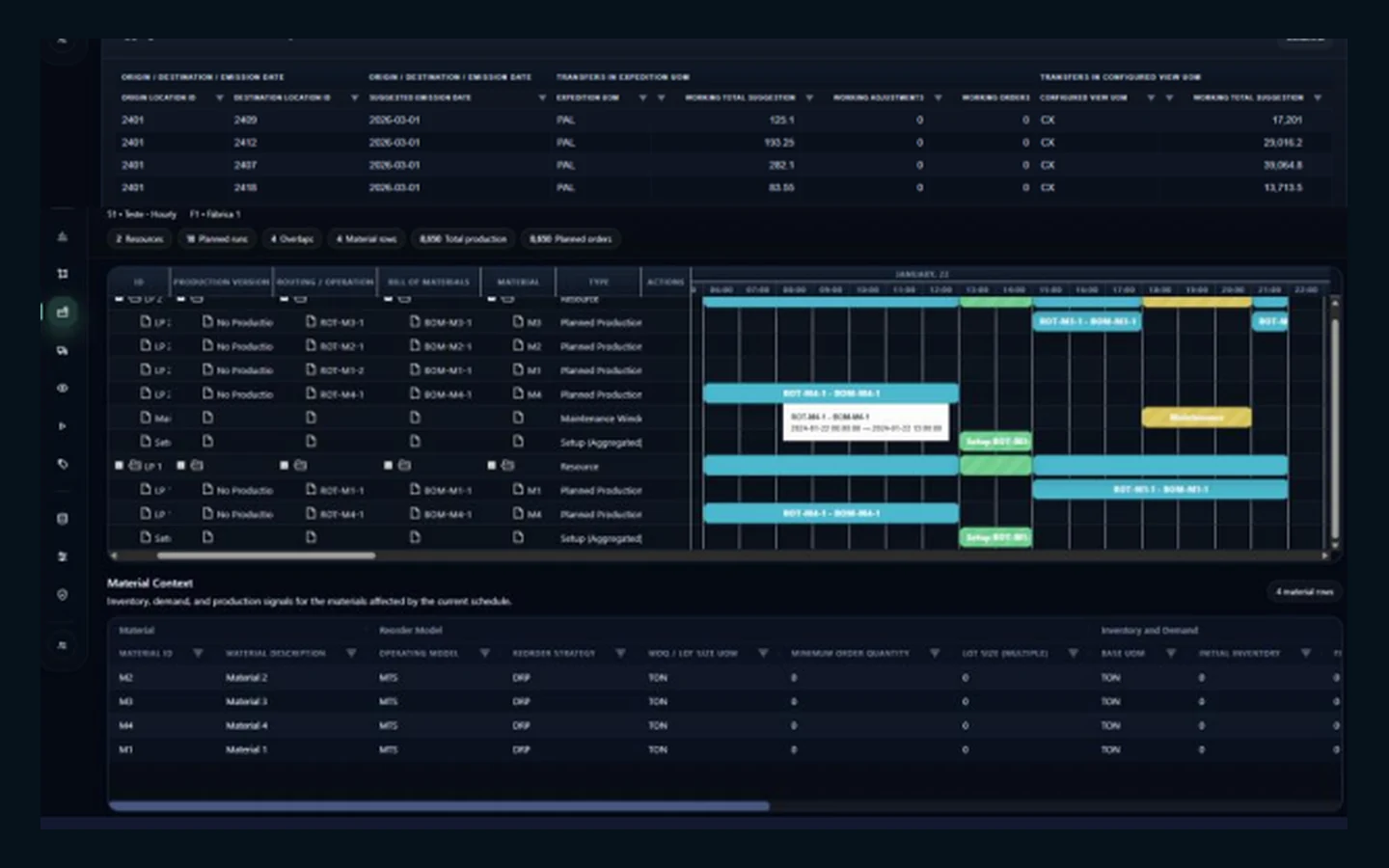 Dark Line Sequencing workspace with a finite-capacity Gantt, resources, orders, and setups