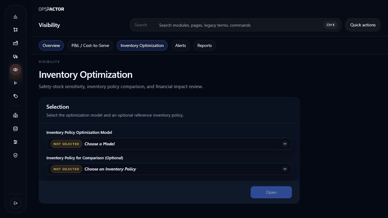 Optimization-model and comparison-policy selection in the dark Inventory Optimization workspace