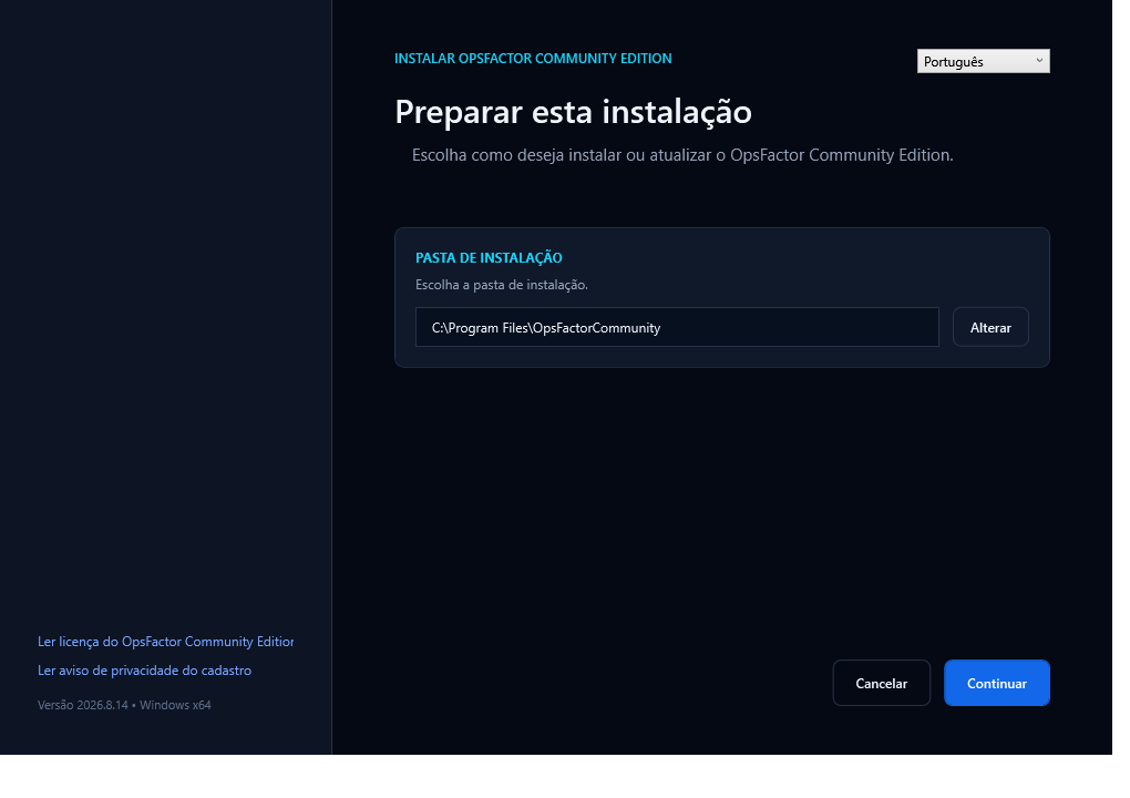 Tela inicial do instalador com idioma e pasta de instalação