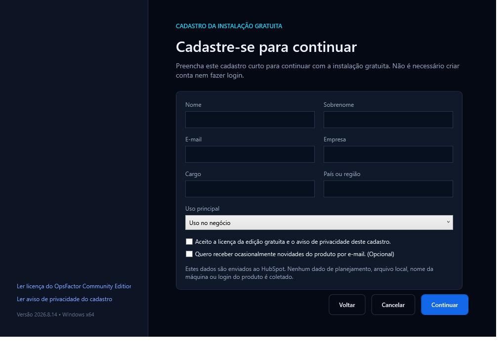 Cadastro necessário para continuar a instalação gratuita