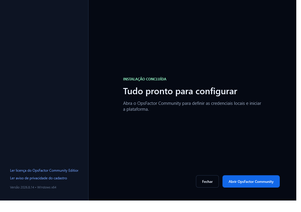 Instalação concluída e pronta para a configuração inicial
