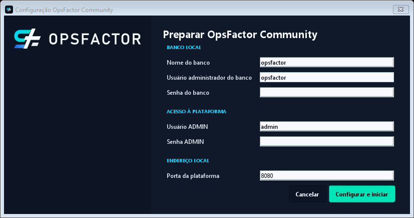 Configuração do primeiro usuário e do endereço local