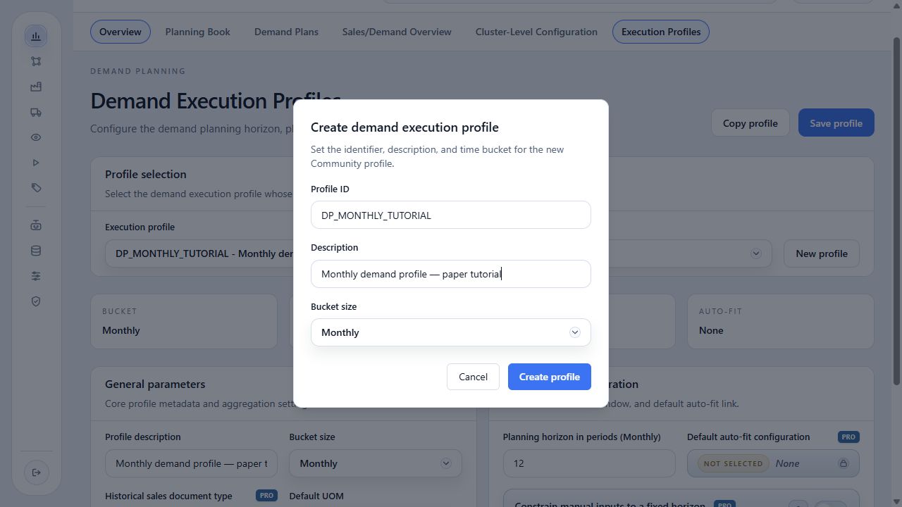 Modal de criação com ID, descrição, bucket e ação de criar em destaque