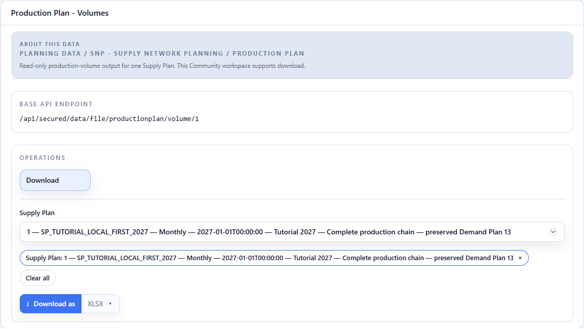 Production Plan - Volumes: seleção do Supply Plan e download XLSX