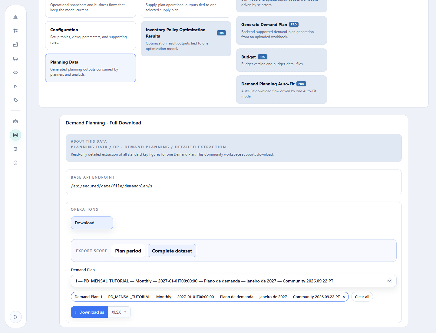 Controles Dataset completo, Demand Plan, formato XLSX e Download as