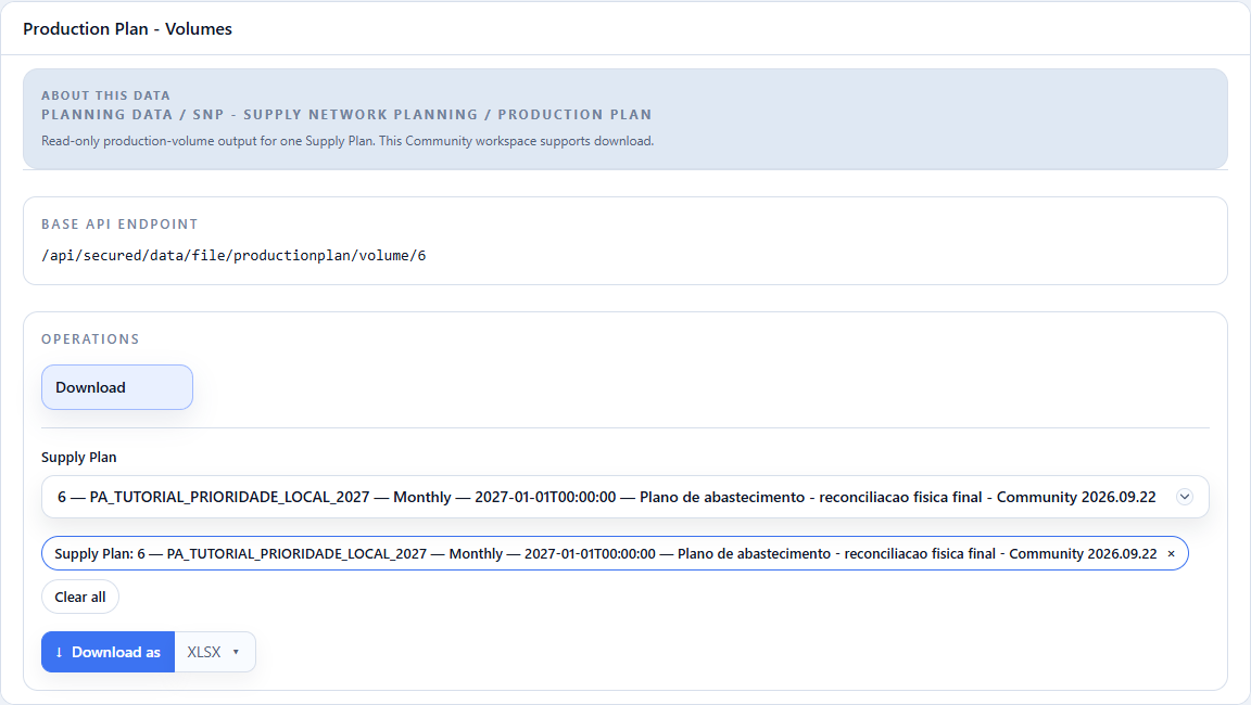 Volumes de produção: tópico, Supply Plan 6 e formato XLSX.