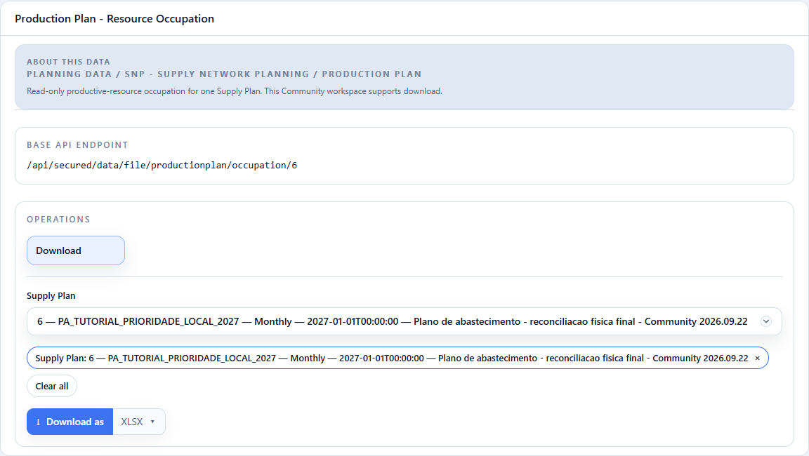 Ocupação dos recursos: tópico, Supply Plan 6 e formato XLSX.
