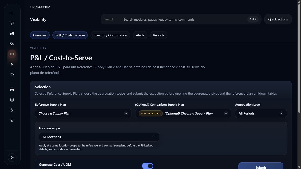Workspace escuro de Cost-to-Serve para selecionar Supply Plans e escopo de agregação