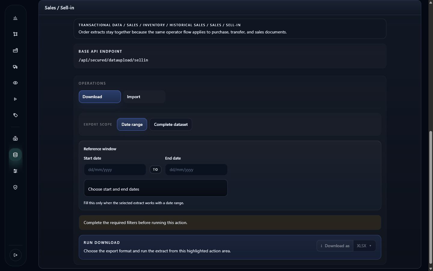 Operação de download de Sell-in em tema escuro, com endpoint, escopo e período de referência